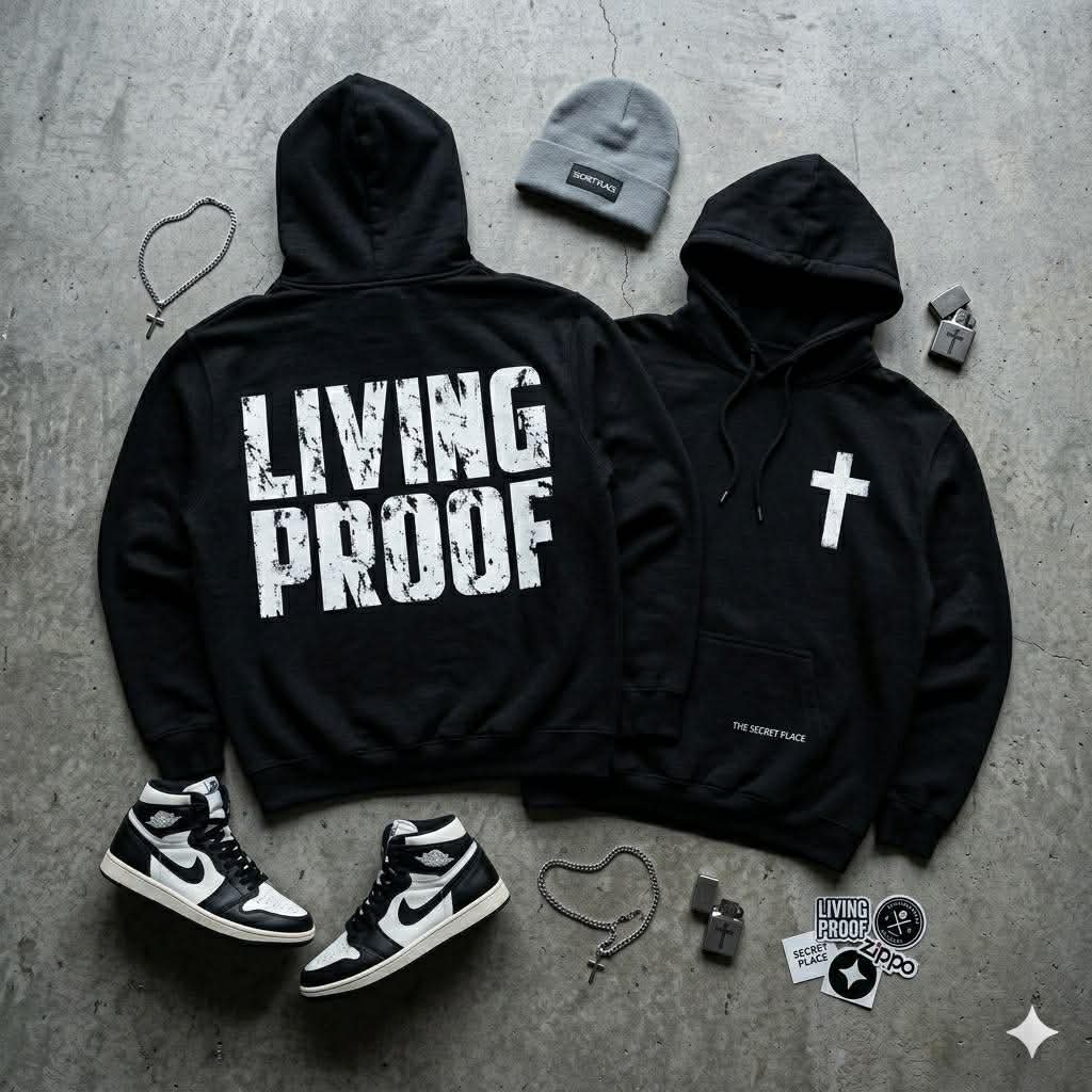 “Living Proof” Cross Hoodie | Christian Streetwear Pullover | Faith-Based Graphic Hoodie